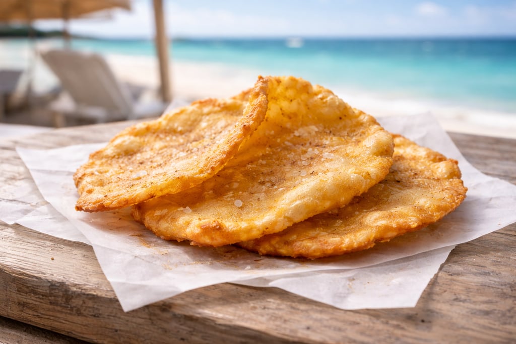 Dominican yaniqueques fried dough discs served hot on Boca Chica beach in the Dominican Republic