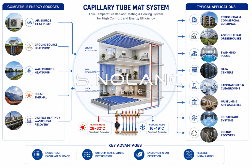 capillary tube mat system applications and compatible energy sources