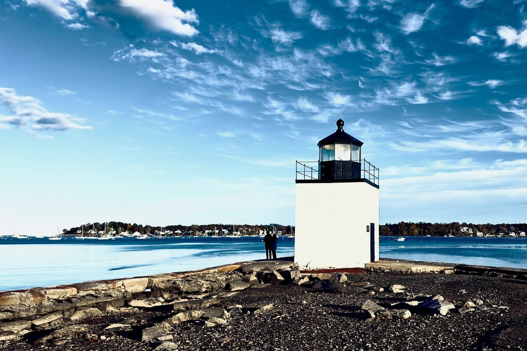Derby Wharf lighthouse facing Salem Harbor and Marblehead