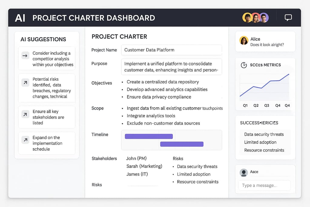 AI-powered project charter creation interface with intelligent automation and smart suggestions