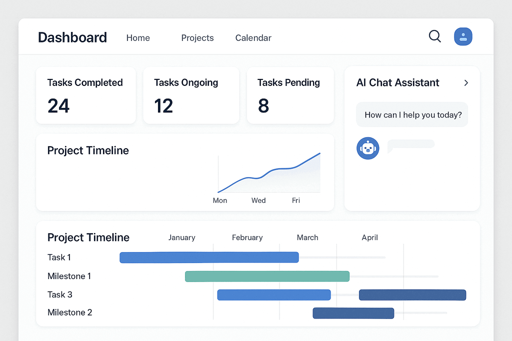 AI-powered project management dashboard interface showing modern productivity tools