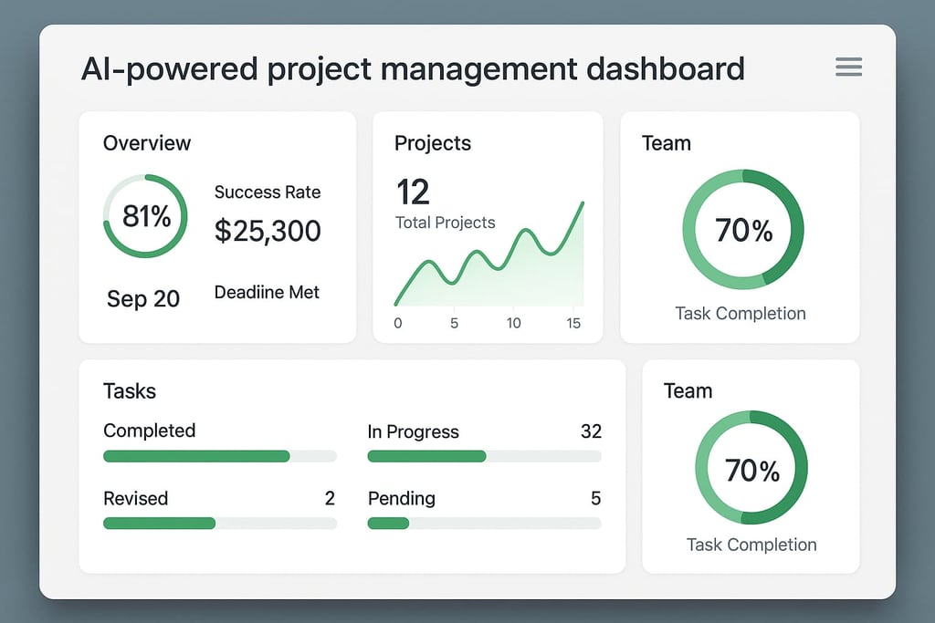 AI-powered project management interface displaying improved success rates and efficiency metrics