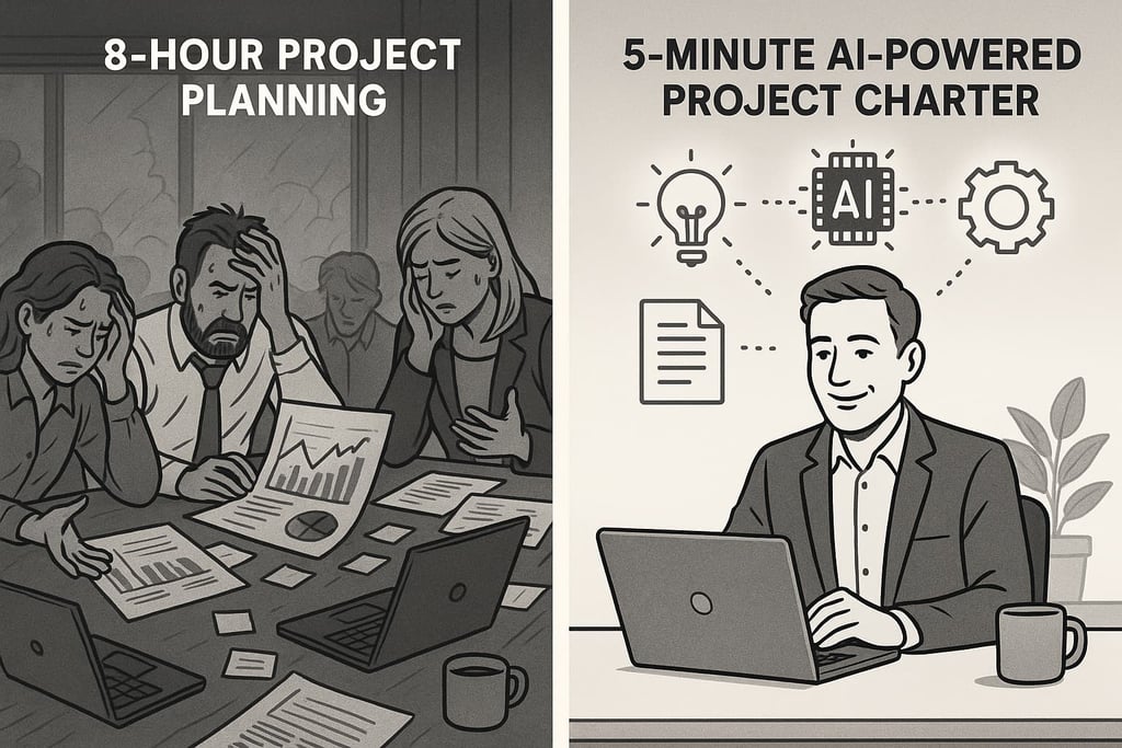 Comparison between traditional time-consuming project planning vs efficient AI charter creator