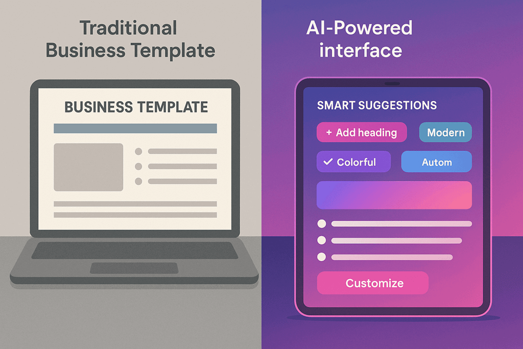 Modern comparison between traditional digital templates and AI-powered business solutions