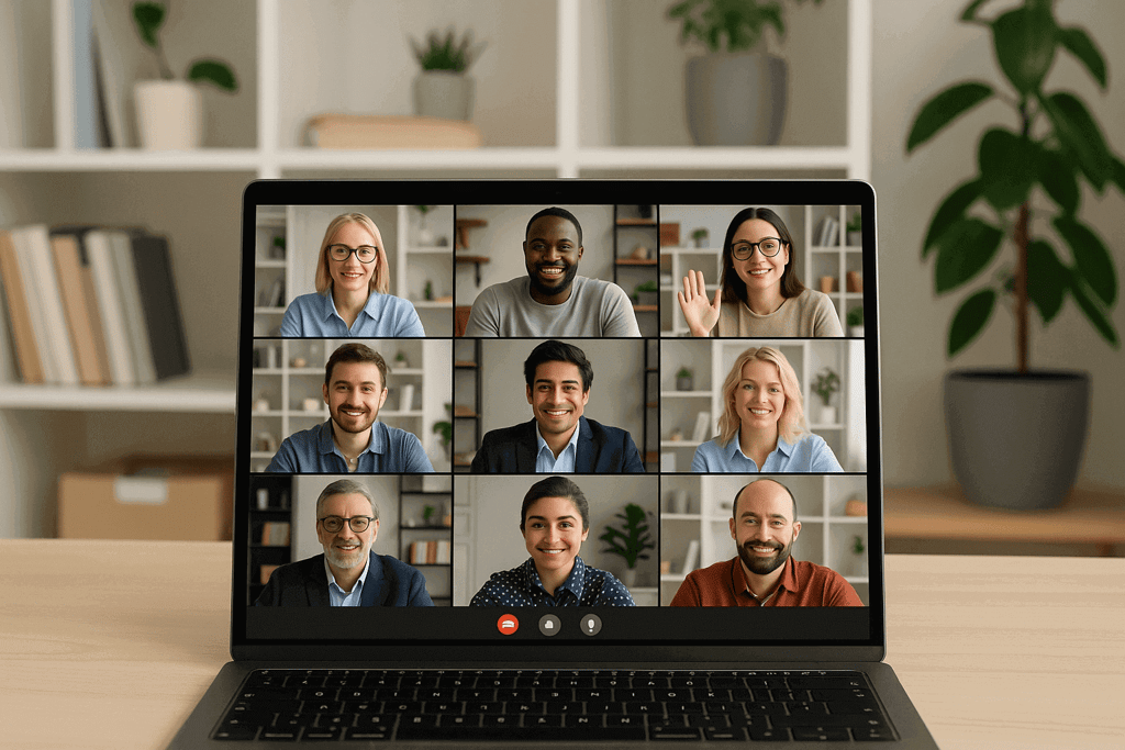 Remote team conducting productive virtual meeting through video conferencing