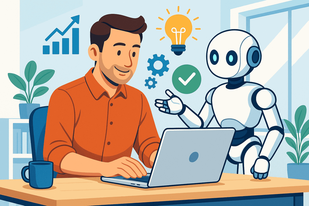Small business owner leveraging AI assistant for enhanced productivity and efficiency