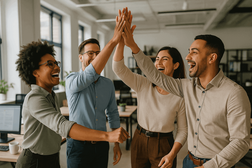 Small business team celebrating productivity achievements and successful collaboration