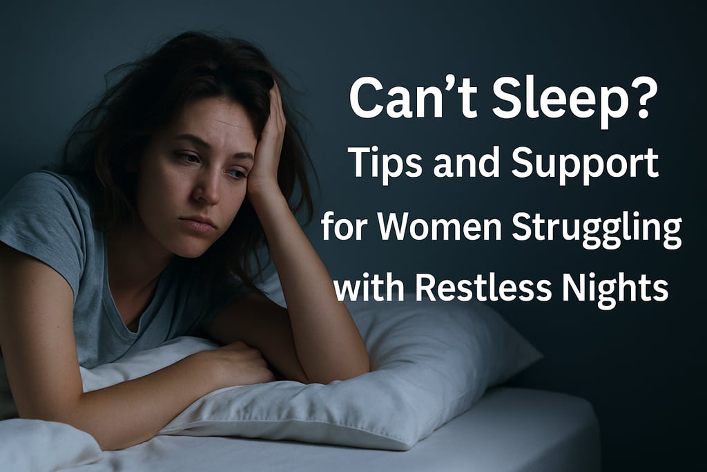 Tired woman with messy hair lies awake in bed at night, looking restless and unable to sleep