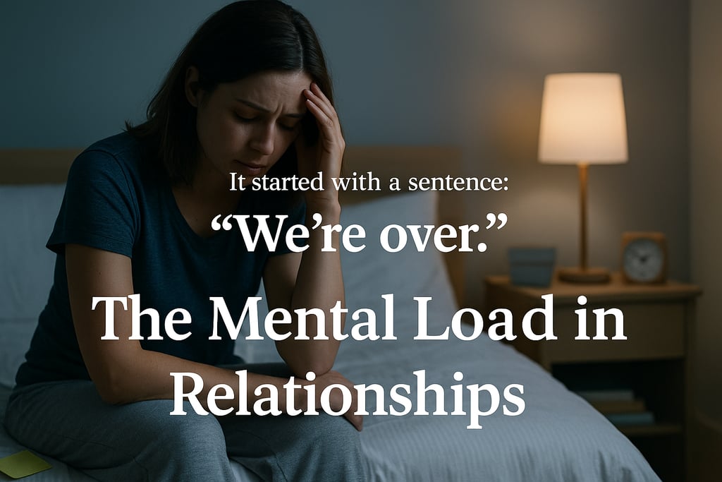 Woman sits on bed at night, emotionally overwhelmed, with text overlay reading “The Mental Load in Relationships.”