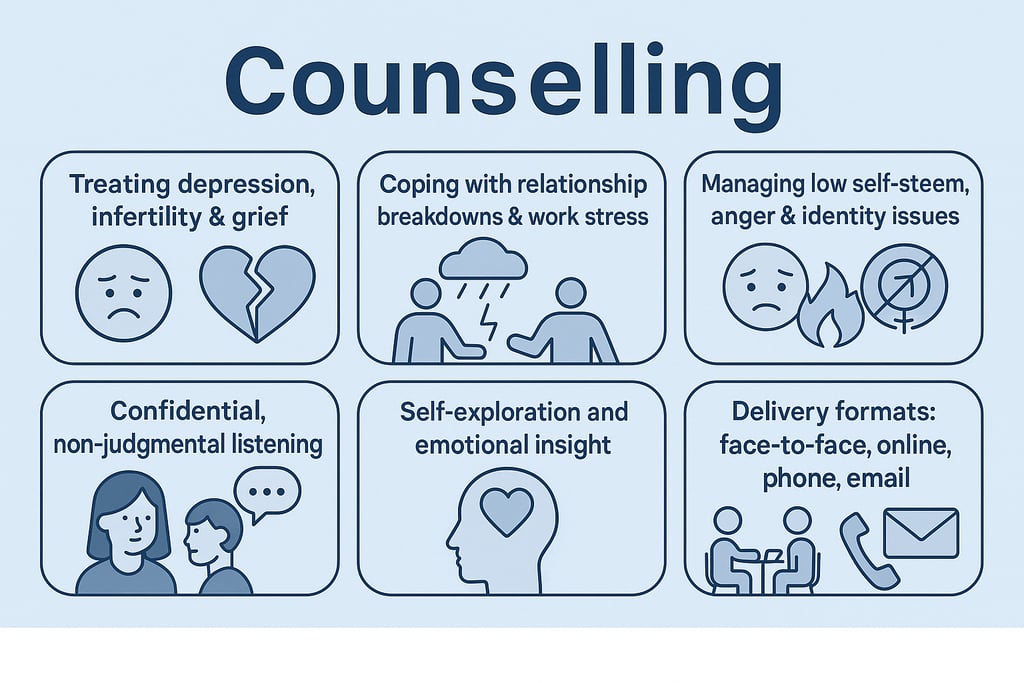 Counselling illustration showing key areas it supports, including depression, grief, relationships, self-esteem, and delivery