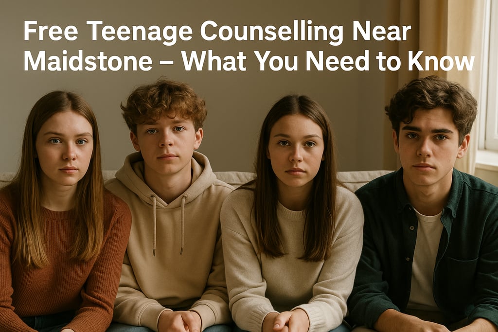 Group of teenage boys and girls sitting outdoors, talking supportively. Text reads: Free Teenage Counselling Near Maidstone