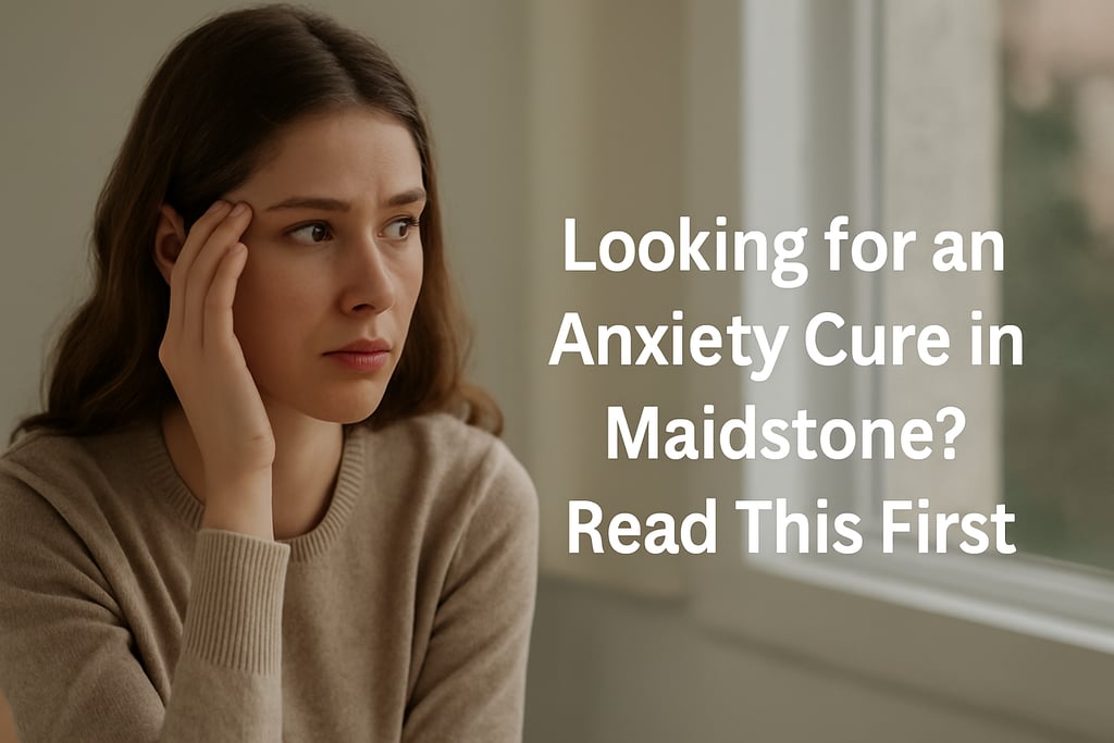 Concerned woman sits by a window in soft light. Text reads: Looking for an Anxiety Cure in Maidstone? Read This First.