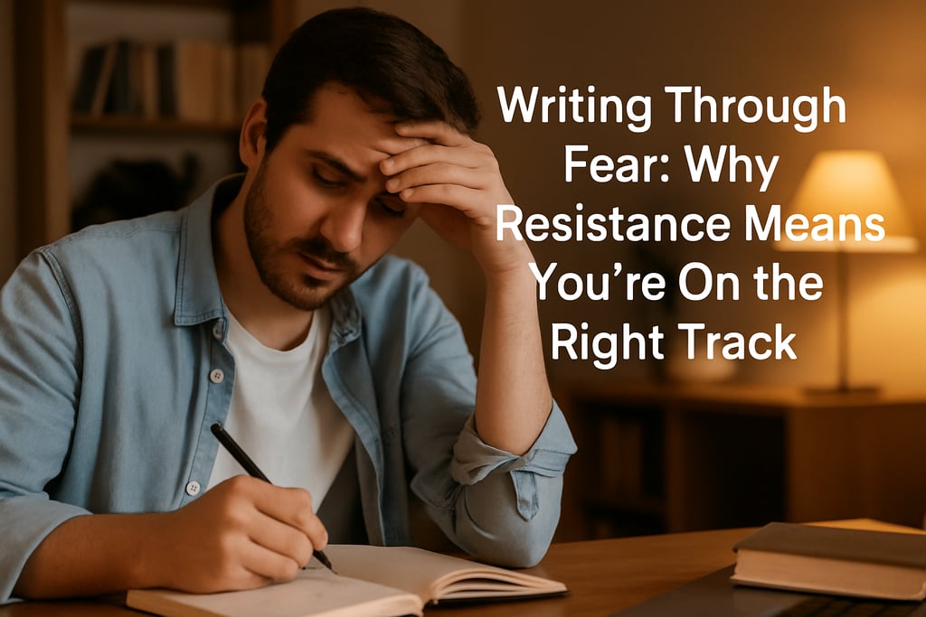 Frustrated writer sits at desk with blank page, head in hand, struggling with creative block and self-doubt.