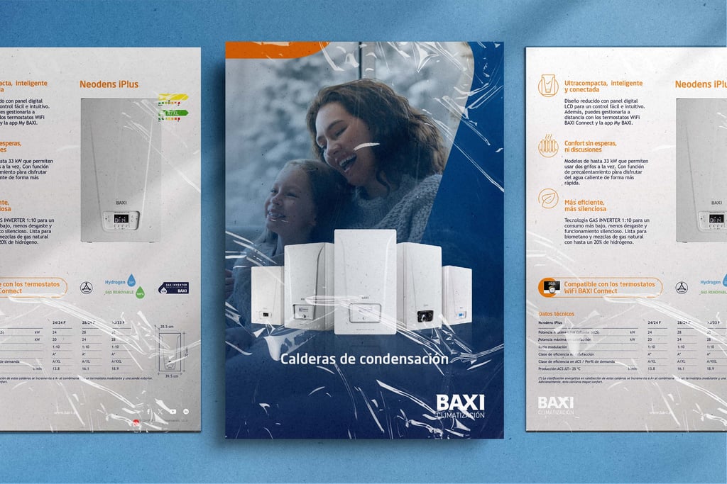 Baxi Neodens iPlus condensing boiler product brochure featuring home heating systems and technical specifications.