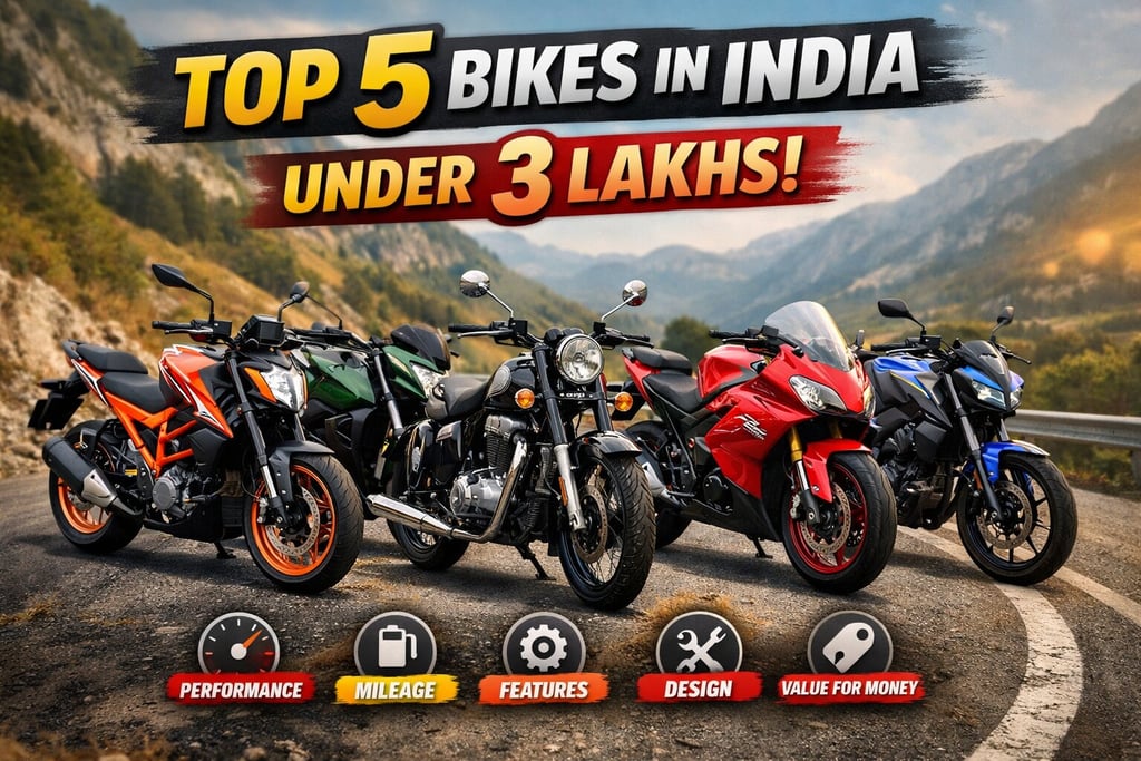 Top 5 bikes in India under 3 lakhs featuring high-performance sport and cruiser motorcycles on a mountain road.