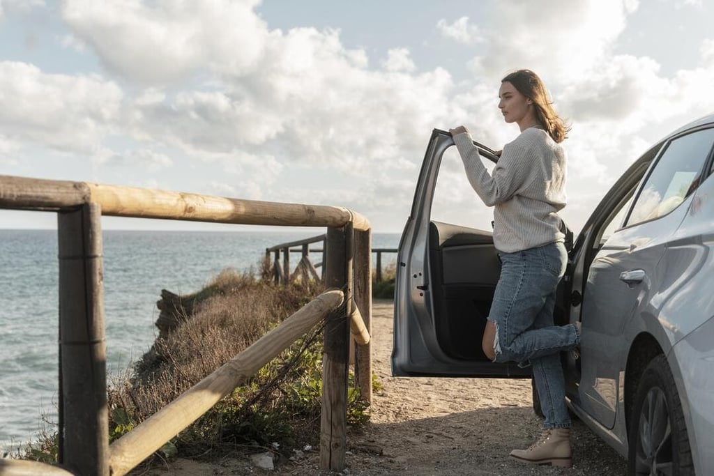a woman standing next to a car door