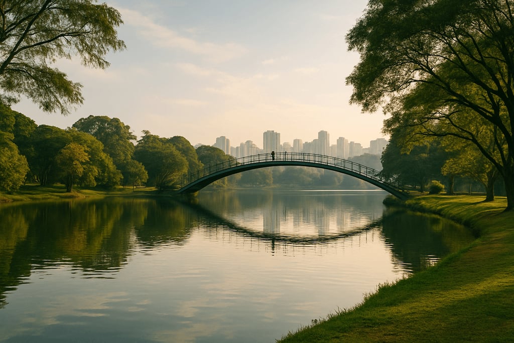 A imagem retrata a Ponte de Ferro Pôr do Sol no Parque Ibirapuera, em São Paulo.