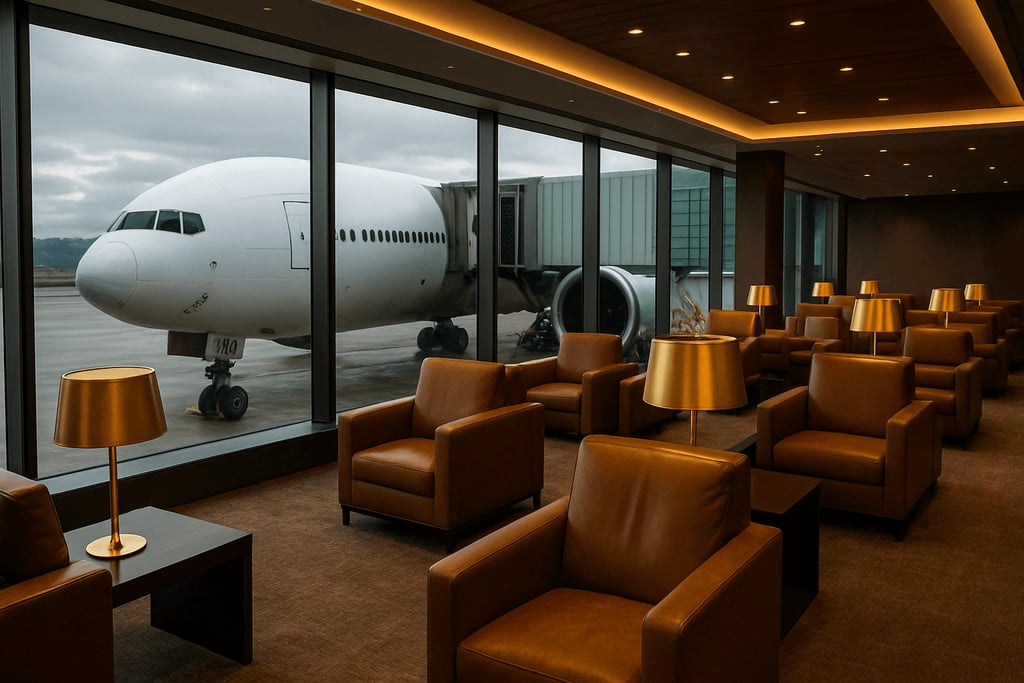 Sala com poltronas de couro, abajures dourados e carpete. Janelas largas com vidro e avião no fundo