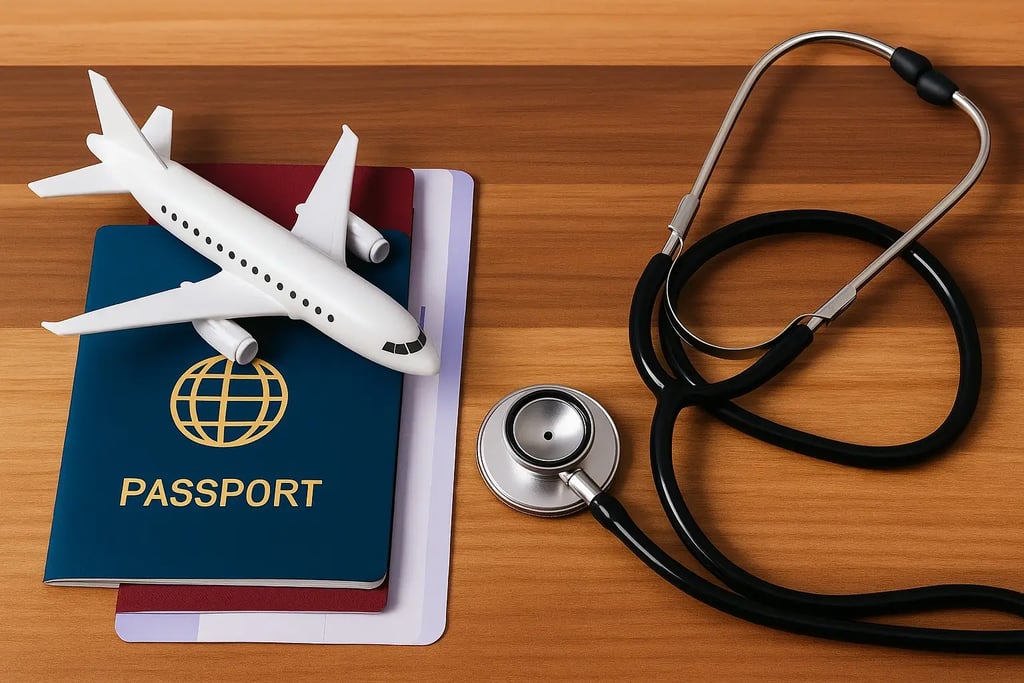 um passaporte e um estetoscópio sobre uma mesa
