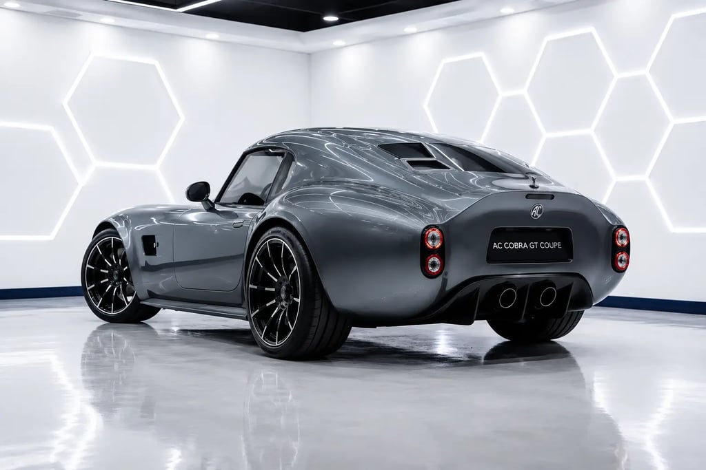 Traseira do AC Cobra GT Coupe destaca design clássico e linhas modernas em showroom