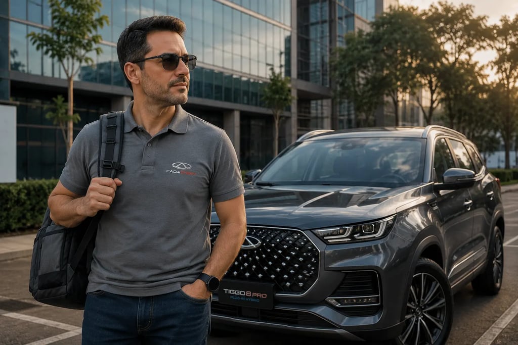 Engenheiro com mochila e óculos ao lado de SUV Caoa Chery Tiggo em ambiente corporativo moderno.