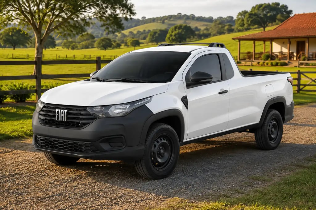 Fiat Strada Endurance branca em sítio com campo verde ao fundo