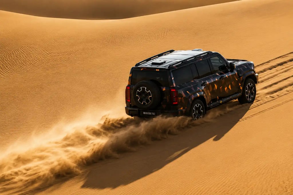 Geely Cruiser 700 cruzando dunas com rastro de areia em cenário desértico off-road
