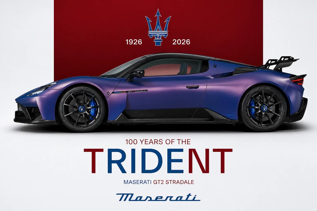 Maserati 100 anos com GT2 Stradale e logo Tridente campanha 2026