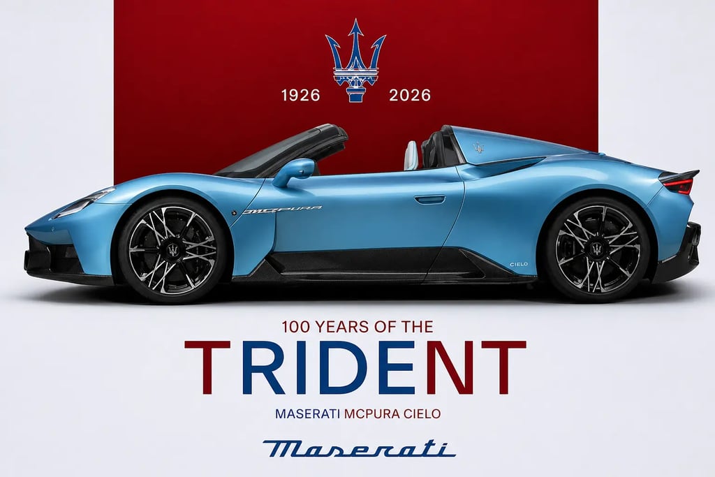 Maserati 100 anos com MCPura Cielo e logo Tridente campanha oficial 2026