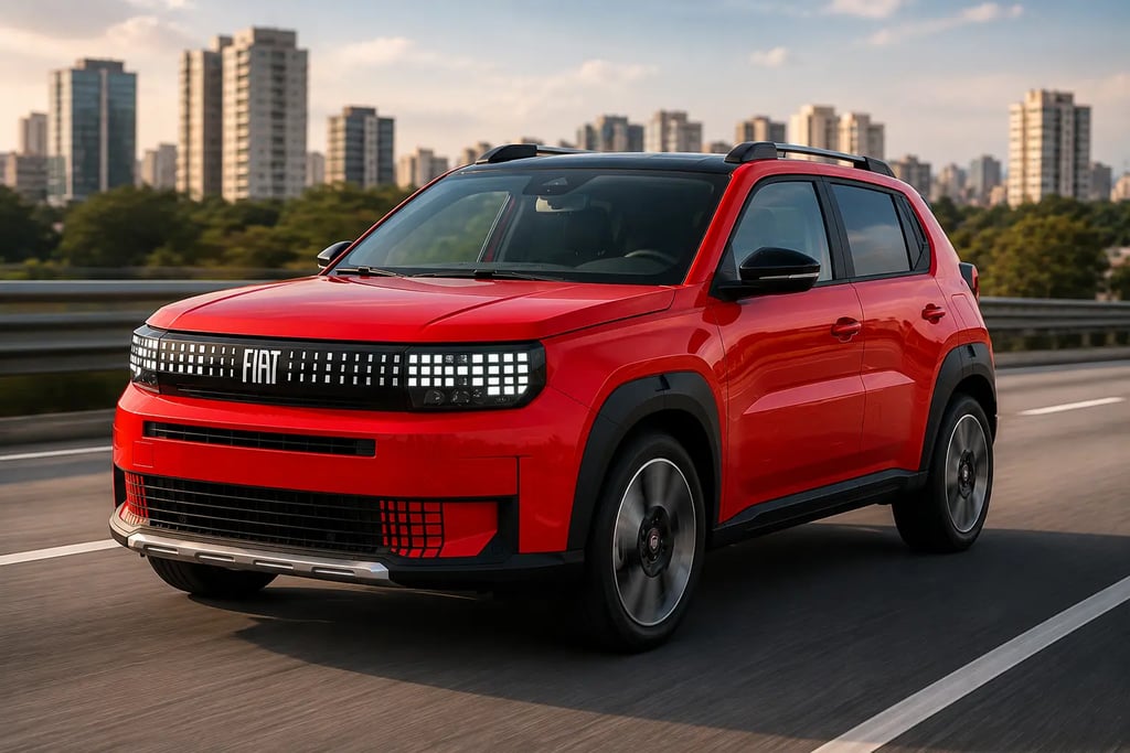 Novo Fiat Argo vermelho em movimento em rodovia com cenário urbano ao fundo