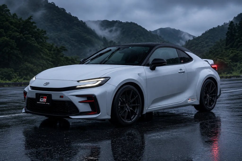 Toyota GR86 branco parado em estrada molhada com montanhas ao fundo.