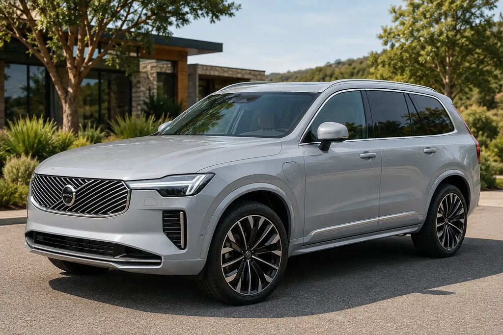 Volvo XC90 cinza estacionado em área residencial de luxo com fundo natural