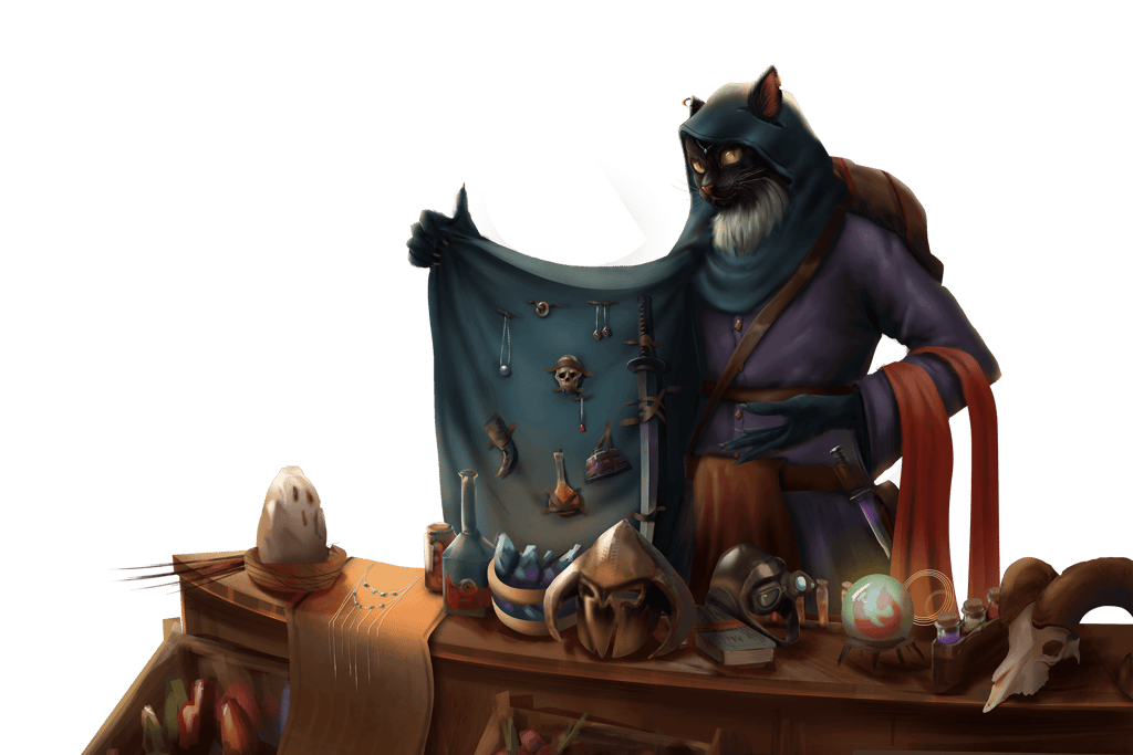 a cat seller selling trinkets and magic equipment