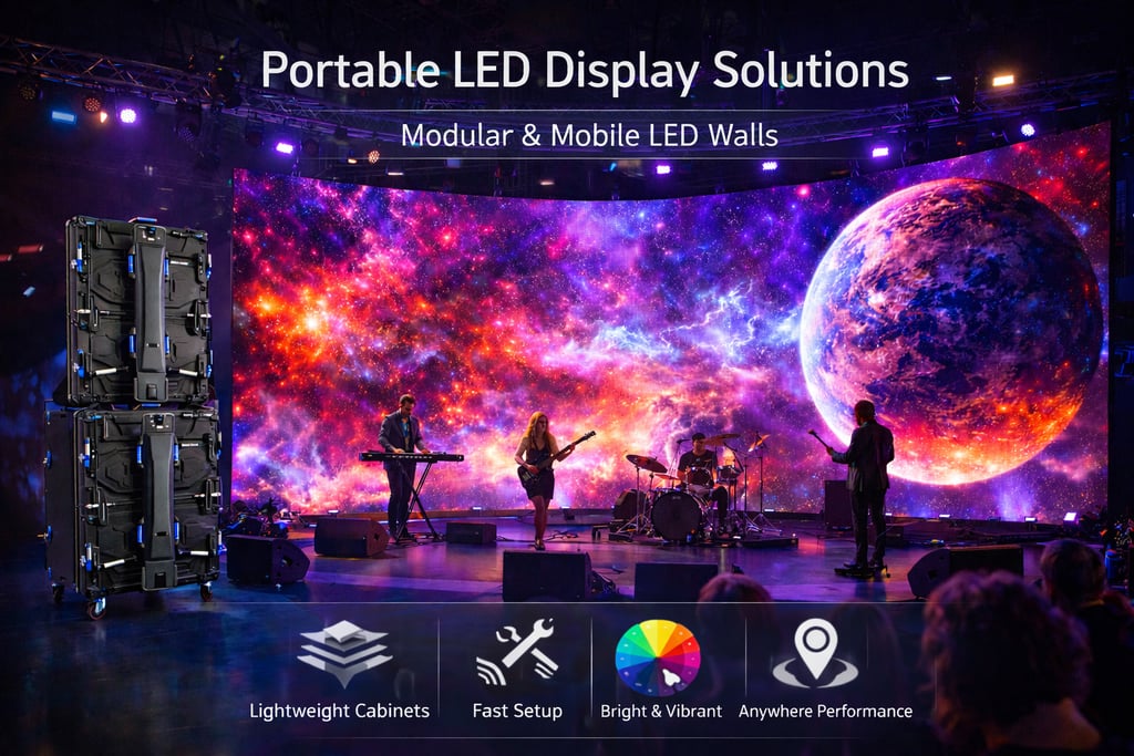 A live band performs in front of a curved modular LED video wall displaying a vibrant galaxy and planet.