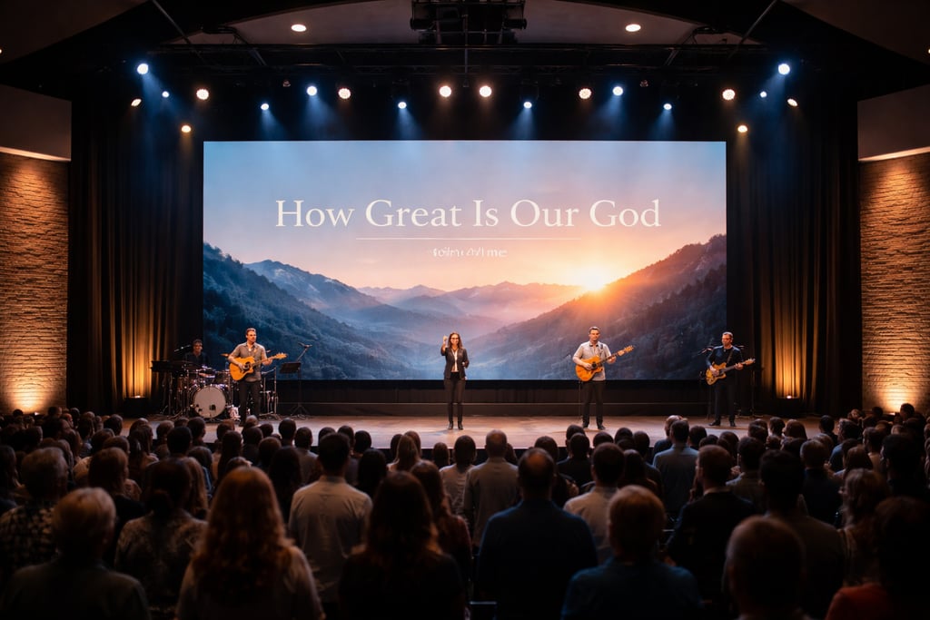 A worship band performs on stage with a large screen displaying "How Great Is Our God" and a scenic mountain sunset