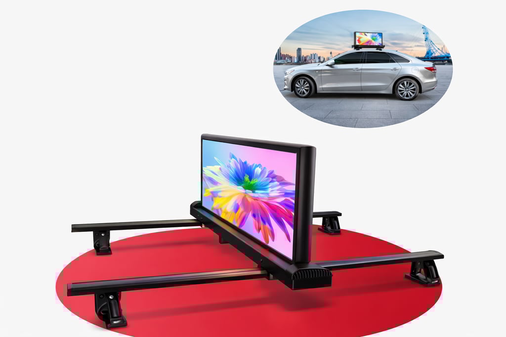 Car rooftop LED display for taxi advertising, showcasing a bright screen and installation hardware, promoting mobile digital