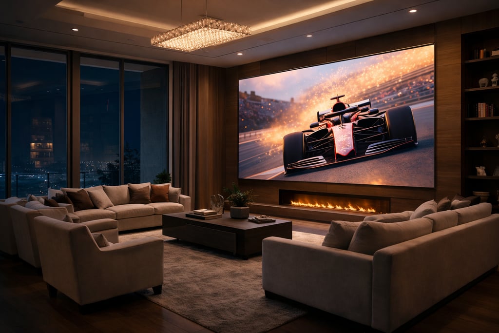 Luxury home theater with a large projection screen displaying a high-speed Formula 1 racing car.
