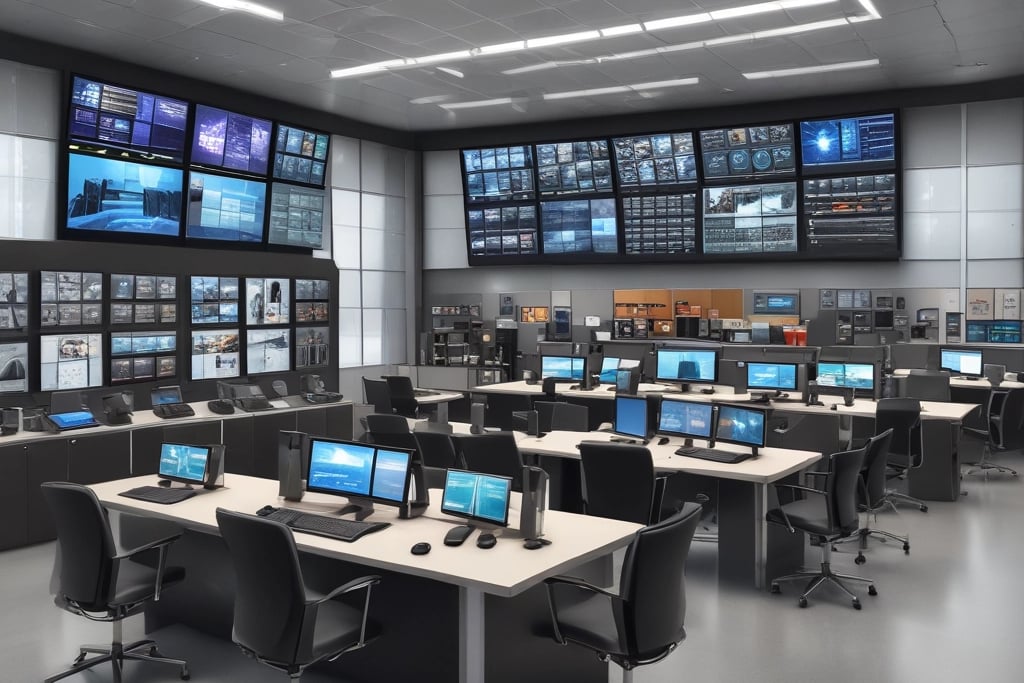 Modern security operations center with rows of workstations and large wall-mounted monitoring screens.