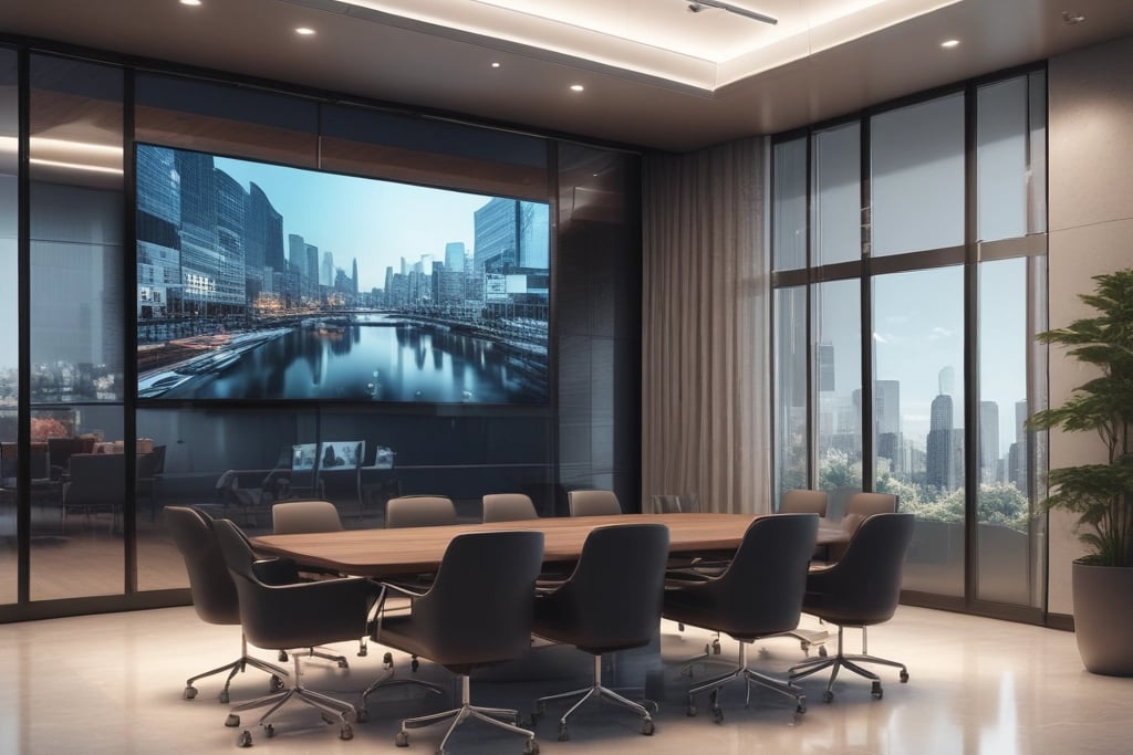 Modern office conference room with a large wooden table, black ergonomic chairs, and a digital display screen.