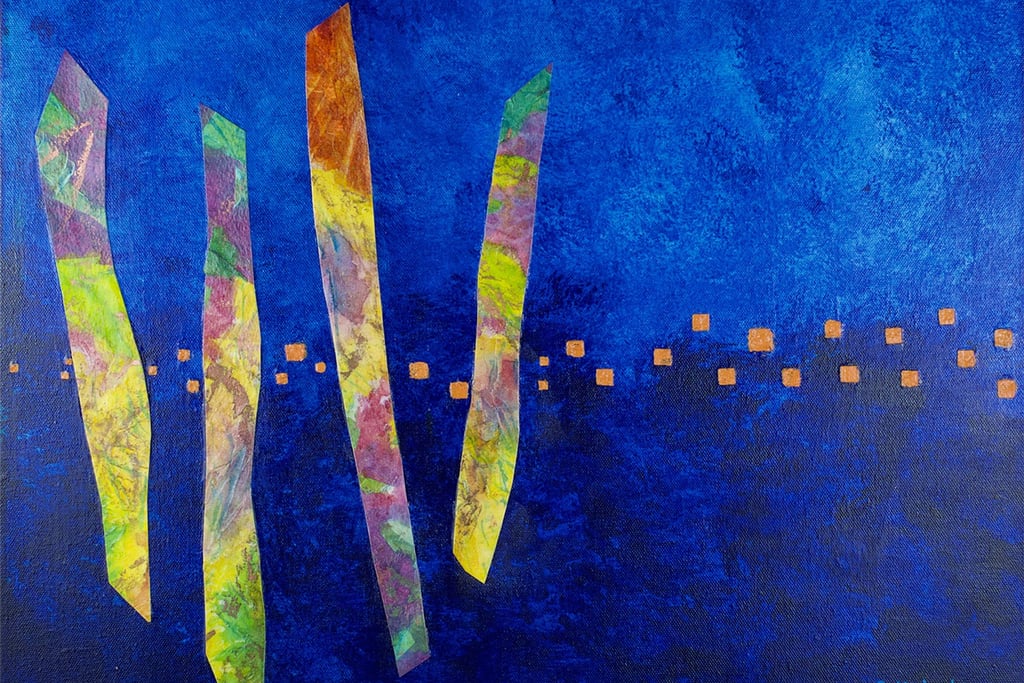 Abstract acrylic and paper collage painting of floating forms on a blue river