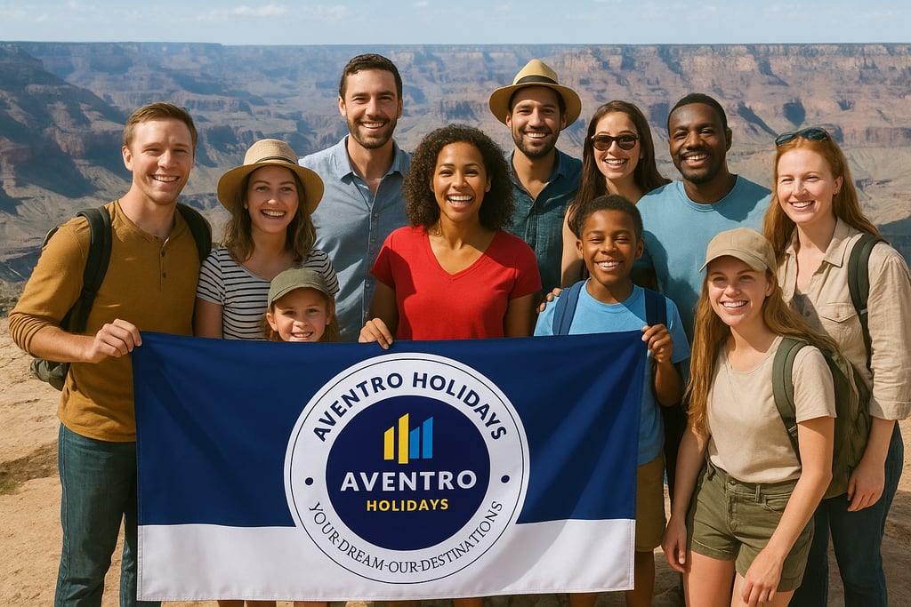 Tourists at the Grand Canyon holding an Aventro Holidays flag, promoting USA tour packages and travel experiences