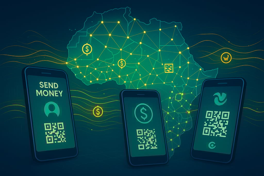 Modern tech illustration of mobile money in West Africa. The image features a glowing map of Africa.