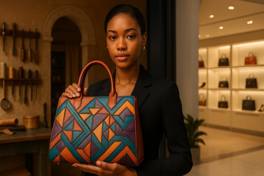 A young Black woman holds a vibrant geometric handbag