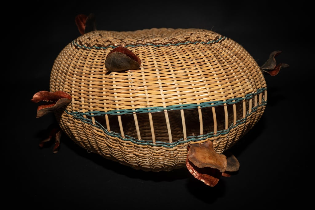 Charlotte, 2022, cane, reed, copper, jacaranda pods