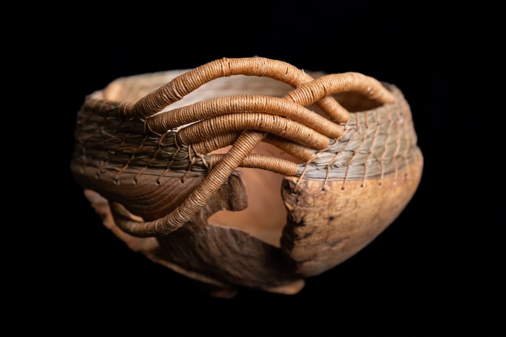 The Year of the Flood, 2022, burled wood, sweetgrass, waxed linen