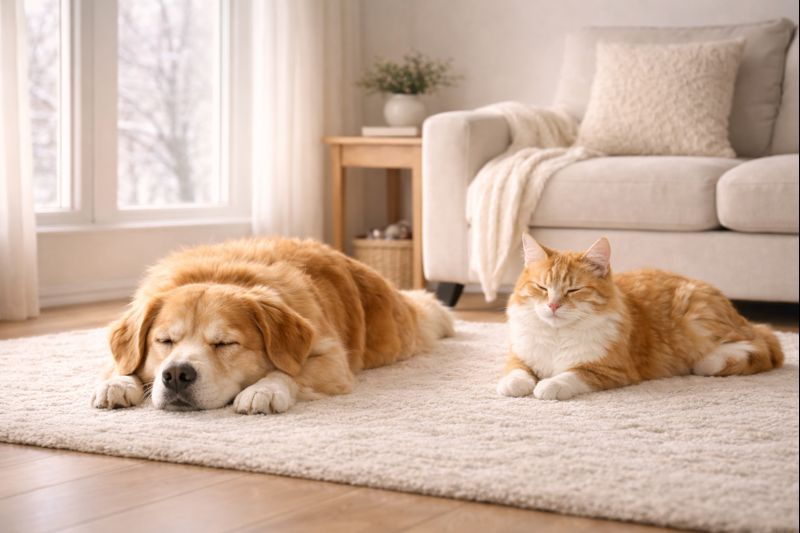 Calm dog and cat resting indoors during winter in Burlington home