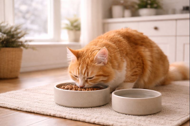 Cat following a healthy feeding routine at home in winter