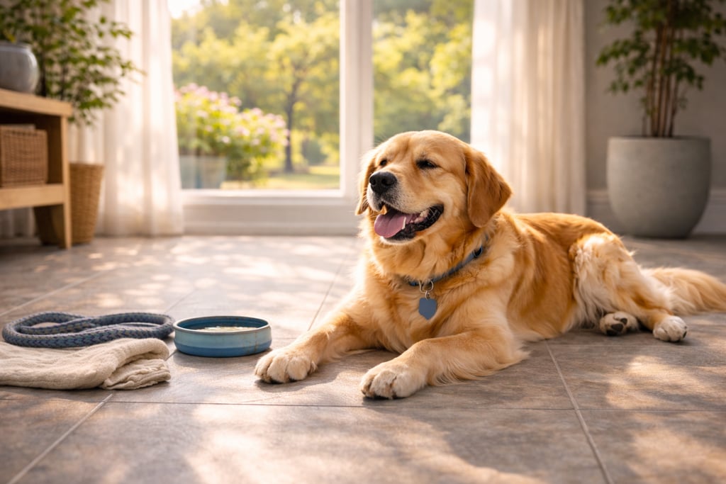 Dog resting indoors to stay cool in summer.