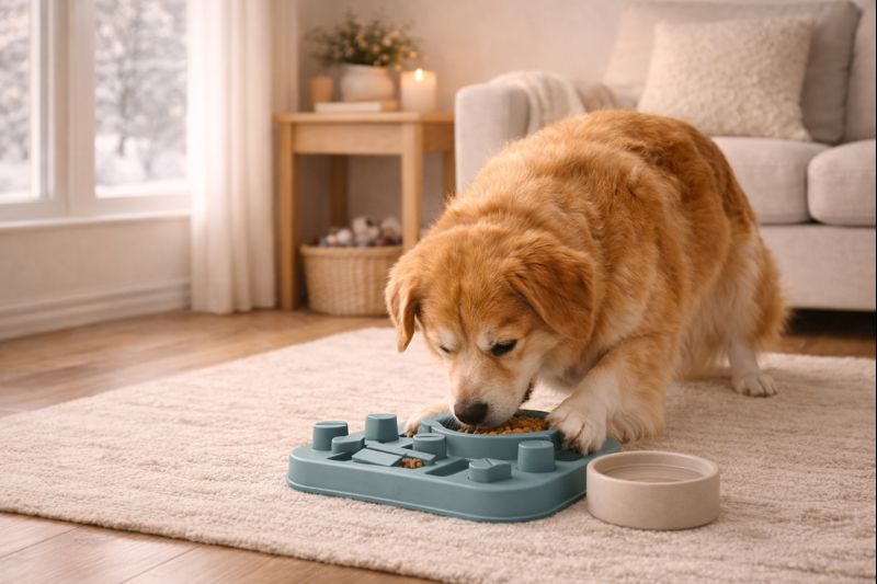 Dog enjoying indoor enrichment activity during winter