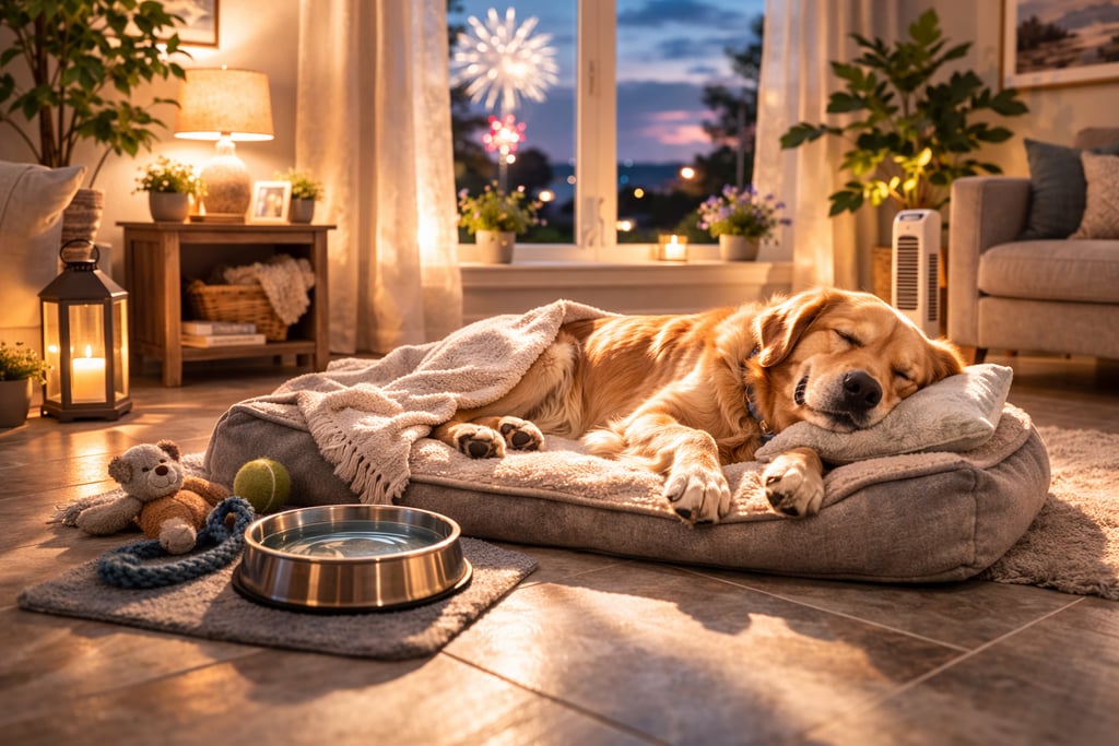 Dog resting in safe indoor space during fireworks.